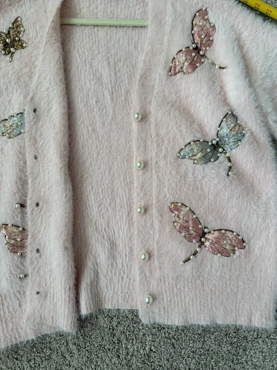Hand Embroidered Sequin Pink Embellished Butterfly Fuzzy Cardigan Sweater NWOT - Picture 14 of 16